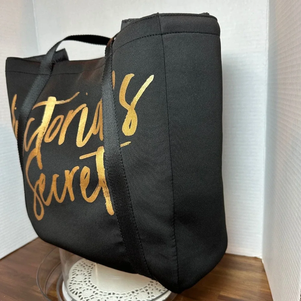 Victorias Secret Tote Cooler Bag Black Gold Metallic‎ Script Logo Travel